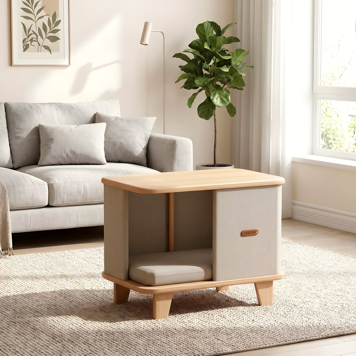 Meuble niche design en bois avec coussin pour petit chien