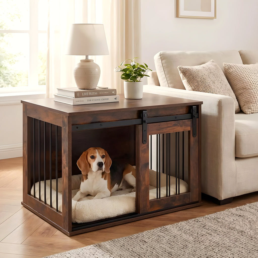 Meuble niche en bois brut avec porte coulissante