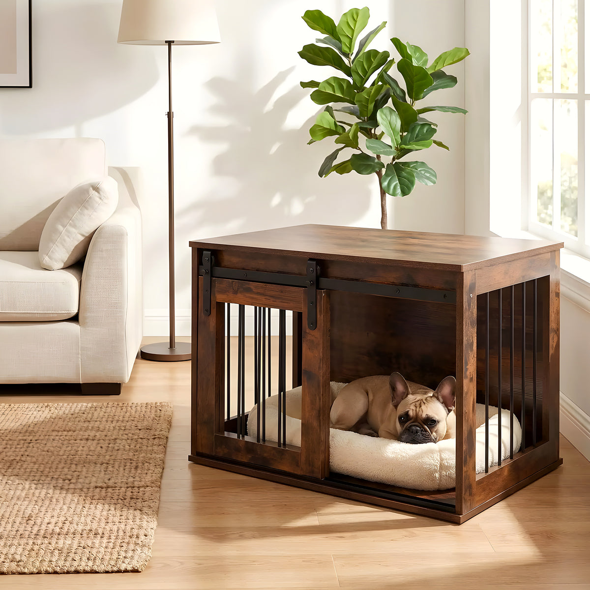 Meuble niche en bois brut avec porte coulissante