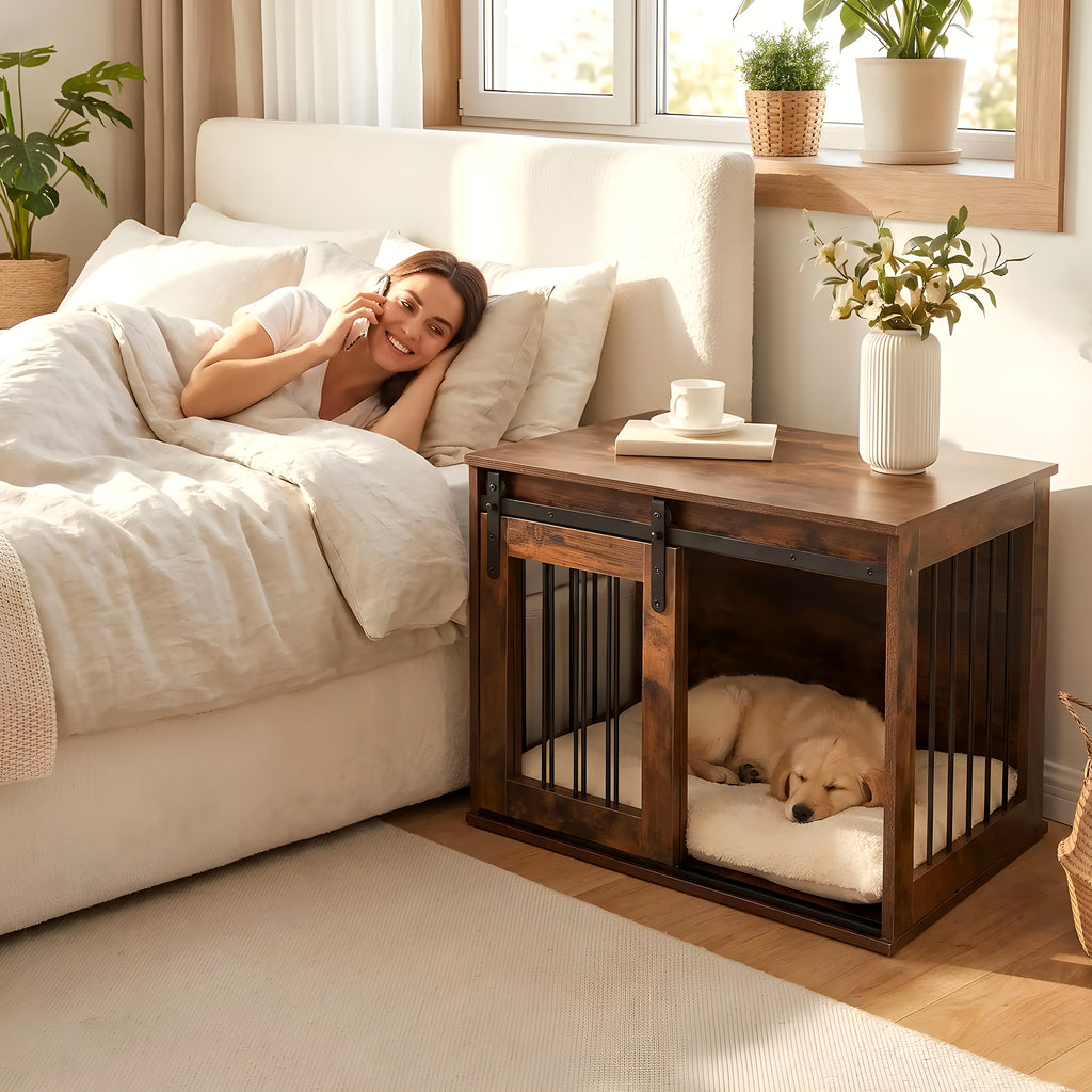 Meuble niche en bois brut avec porte coulissante
