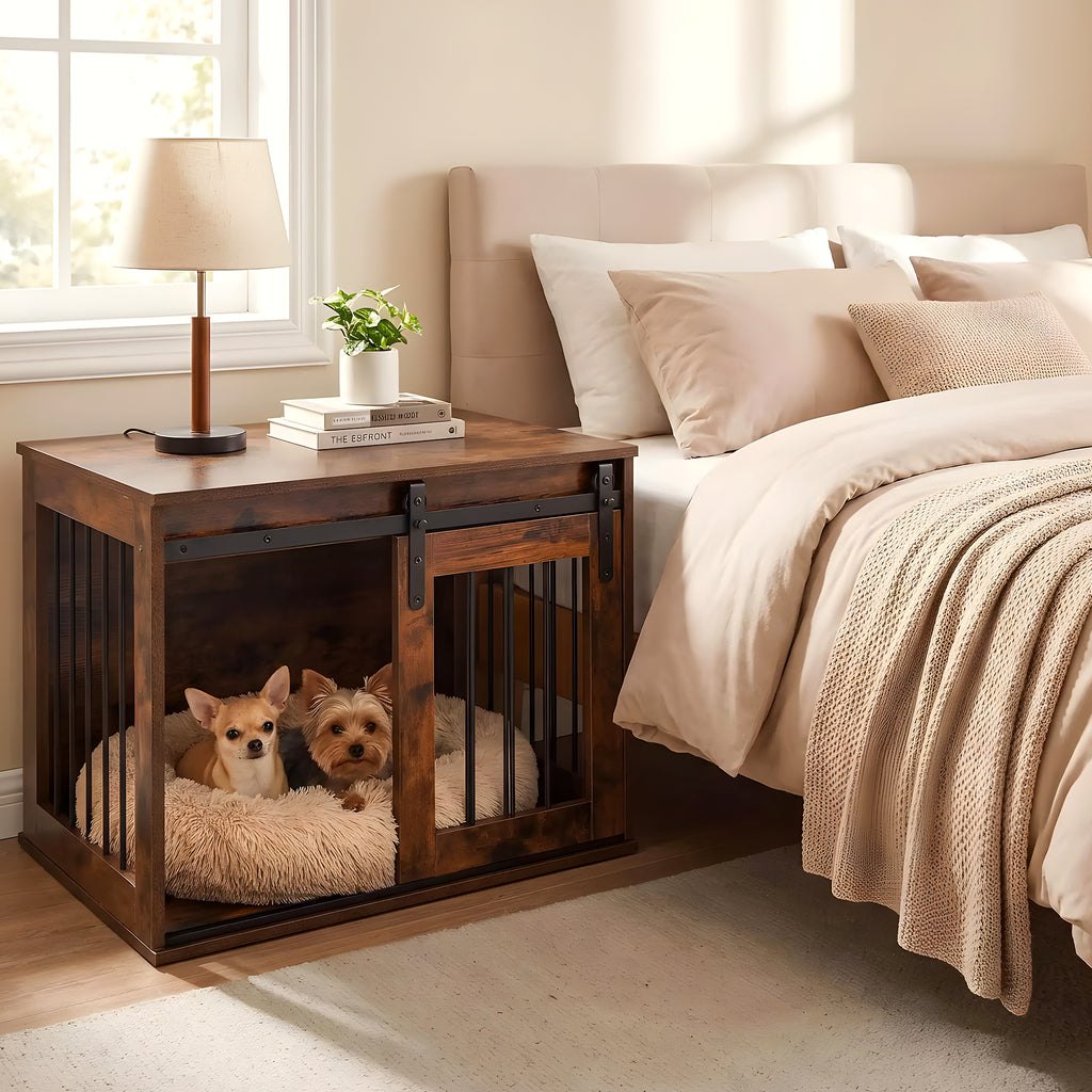 Meuble niche en bois brut avec porte coulissante