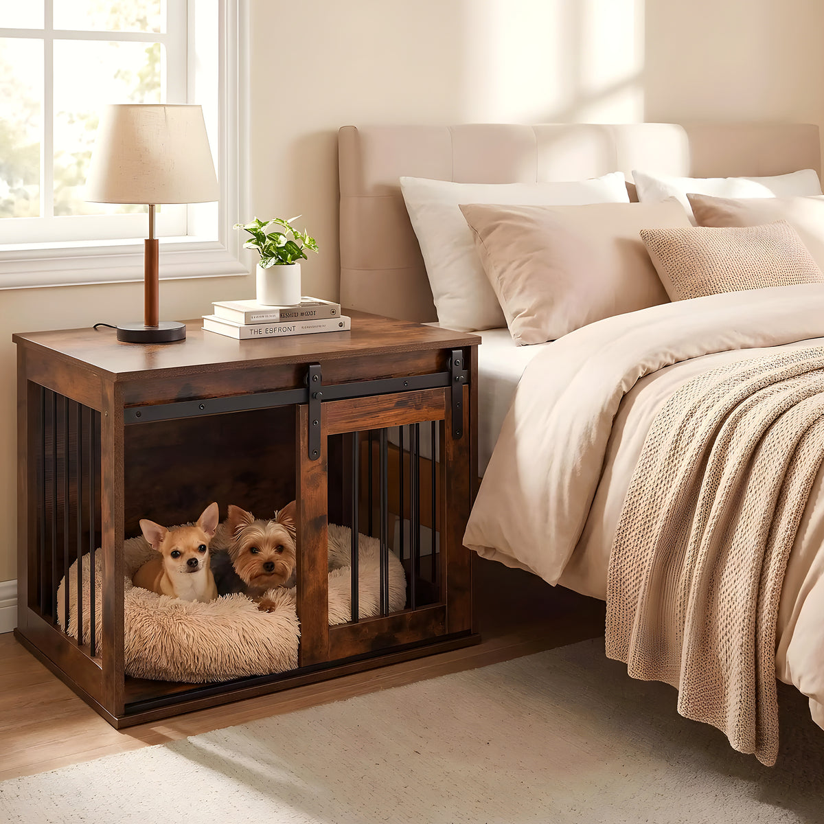 Meuble niche en bois brut avec porte coulissante