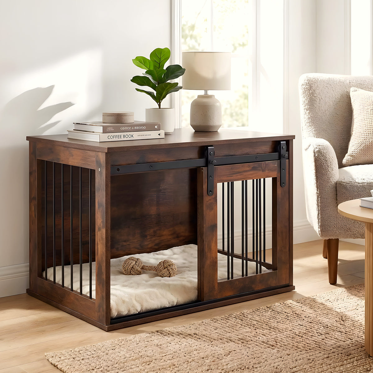 Meuble niche en bois brut avec porte coulissante