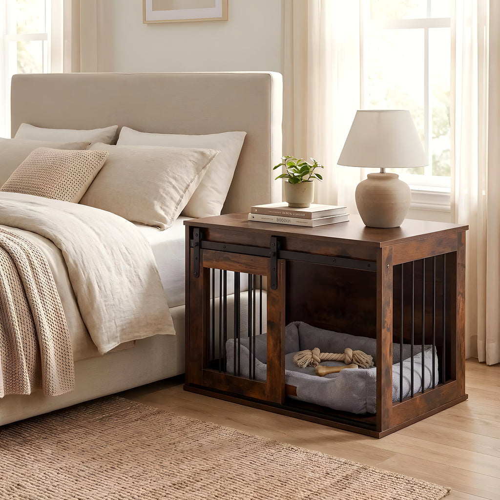 Meuble niche en bois brut avec porte coulissante