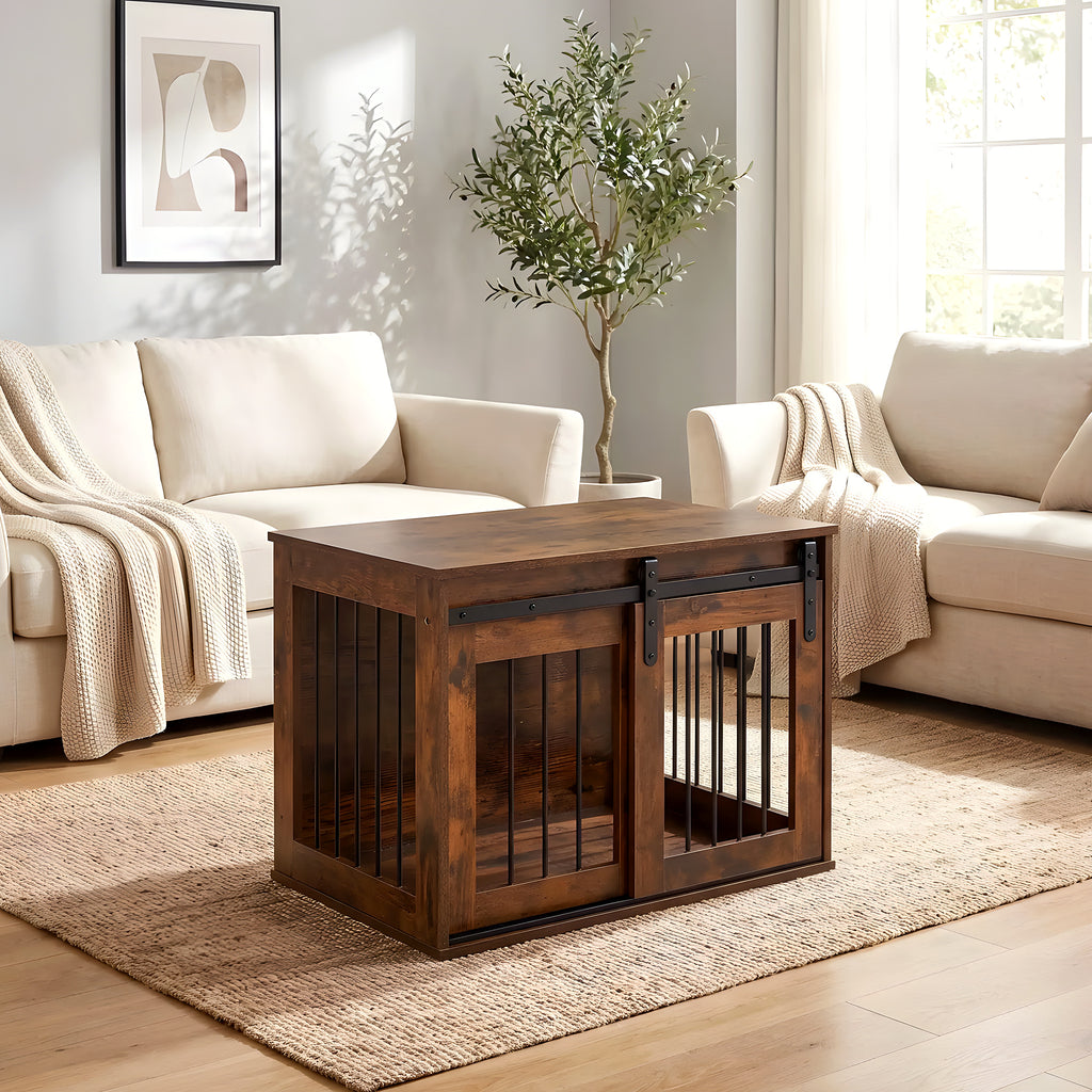 Meuble niche en bois brut avec porte coulissante