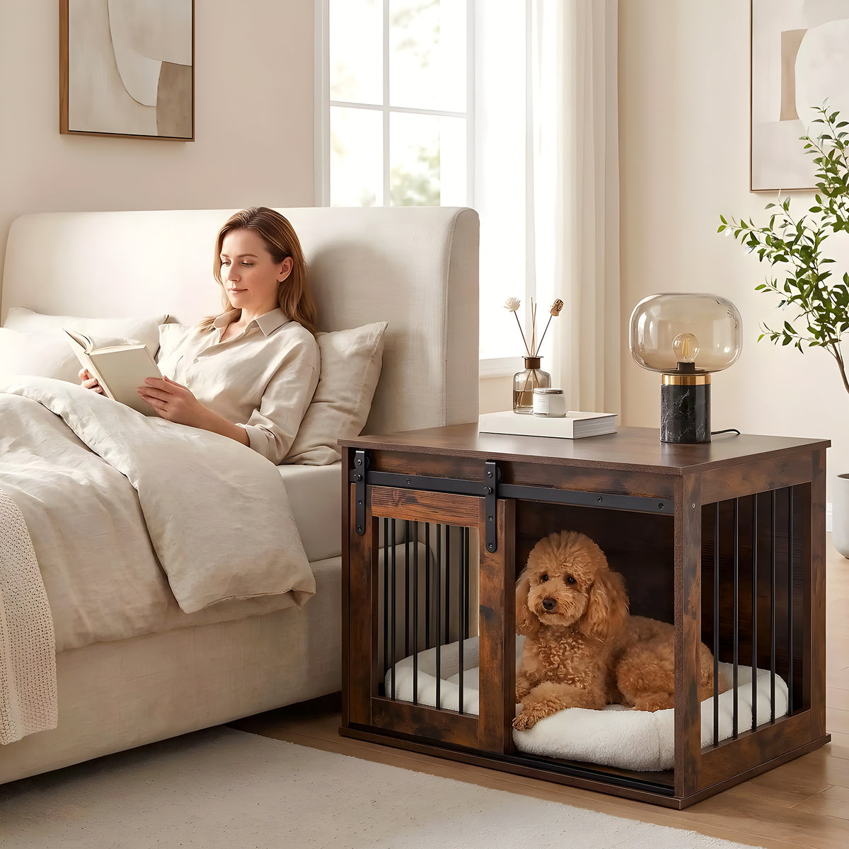 Meuble niche en bois brut avec porte coulissante