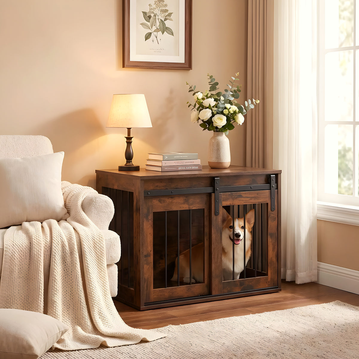 Meuble niche en bois brut avec porte coulissante