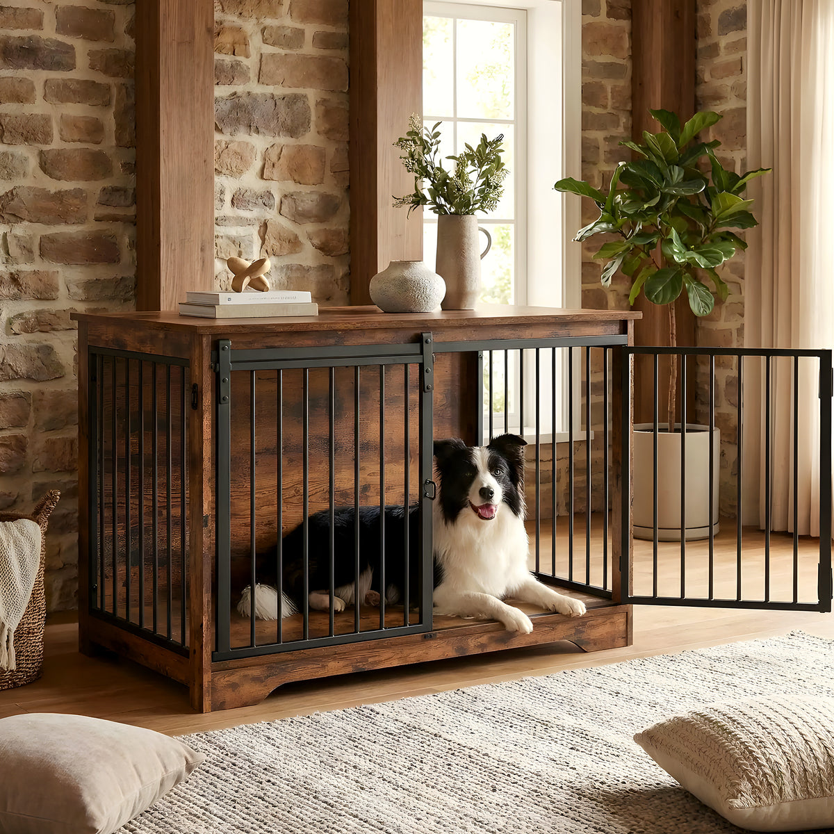 Meuble niche en bois marron et noir 2 portes