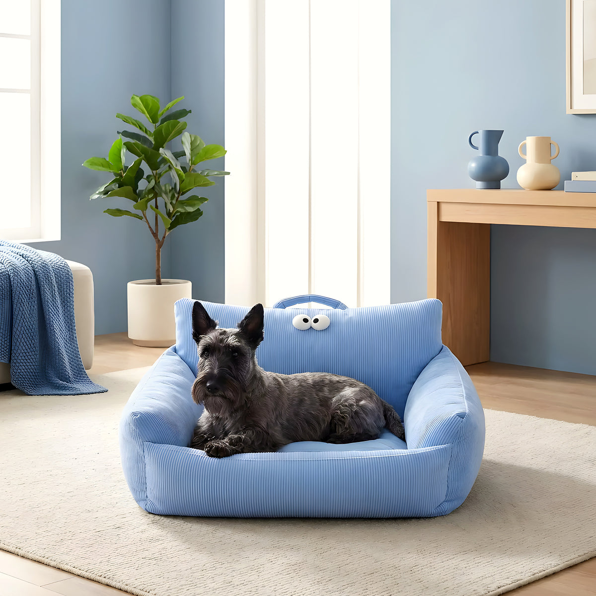 Mini canapé en lin pour petit chien, bleu ou ocre