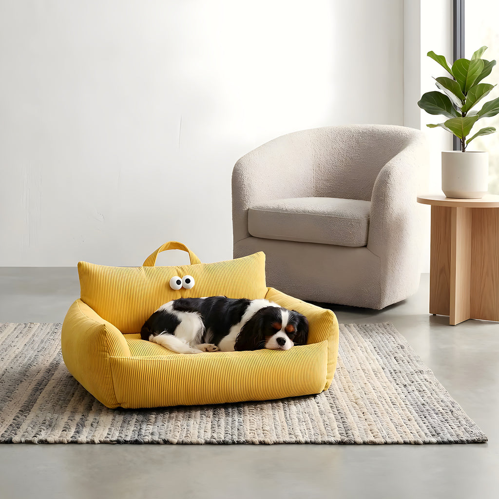 Mini canapé en lin pour petit chien, bleu ou ocre