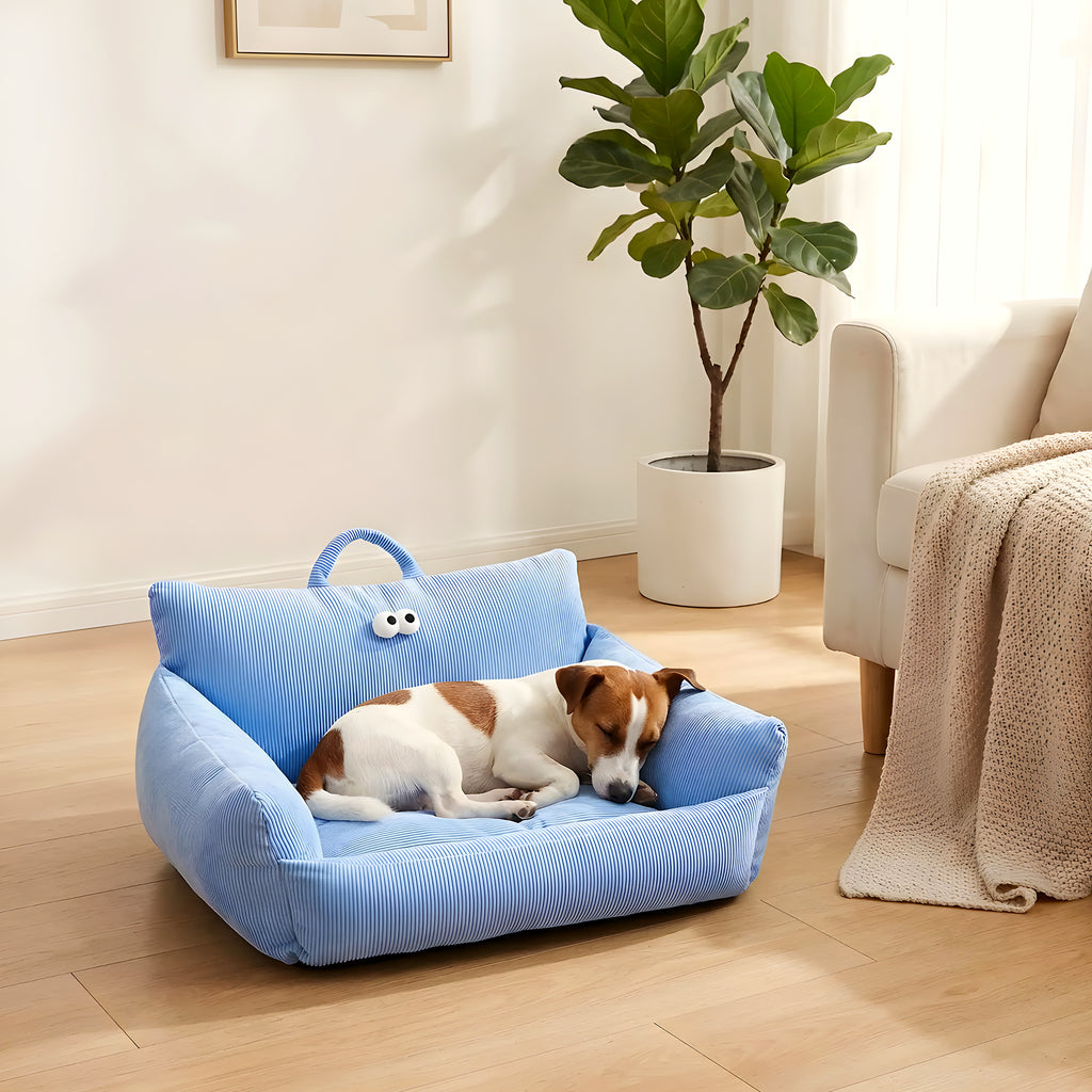 Mini canapé en lin pour petit chien, bleu ou ocre
