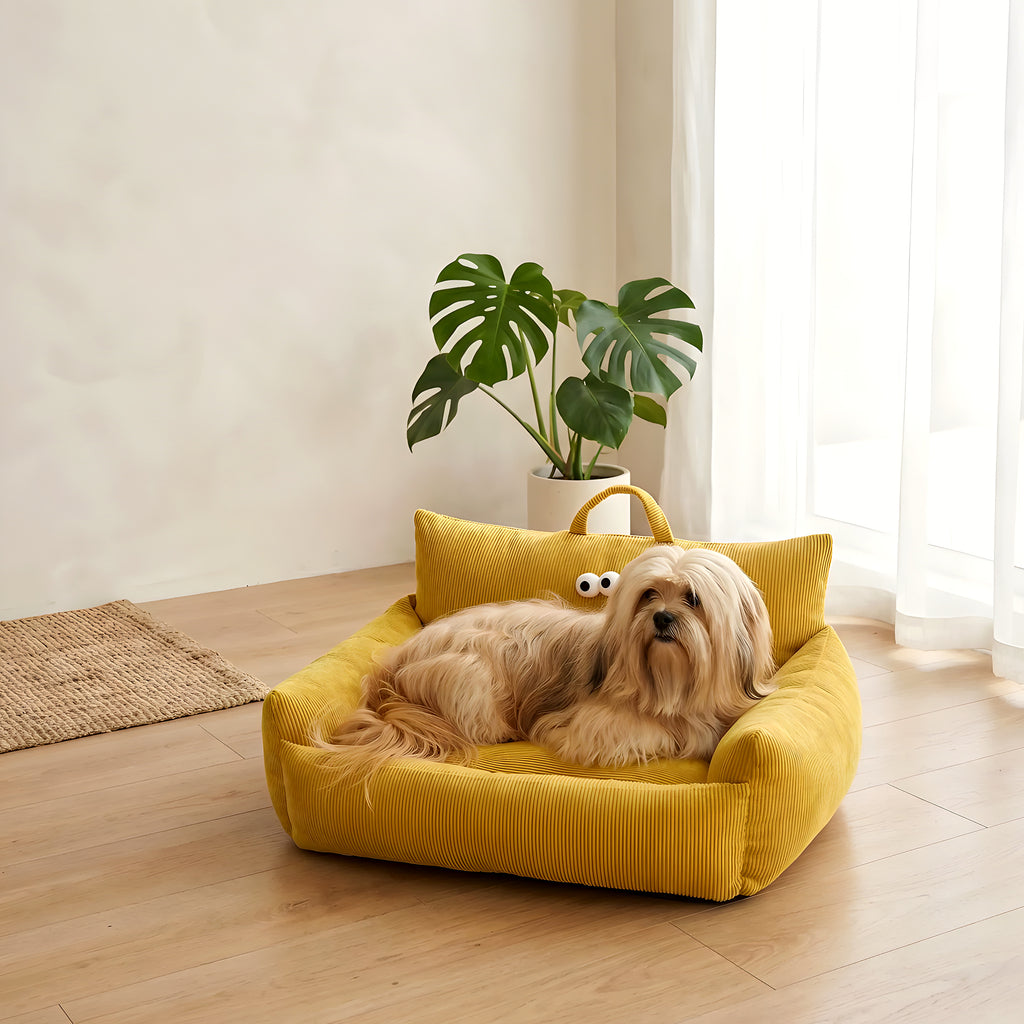 Mini canapé en lin pour petit chien, bleu ou ocre