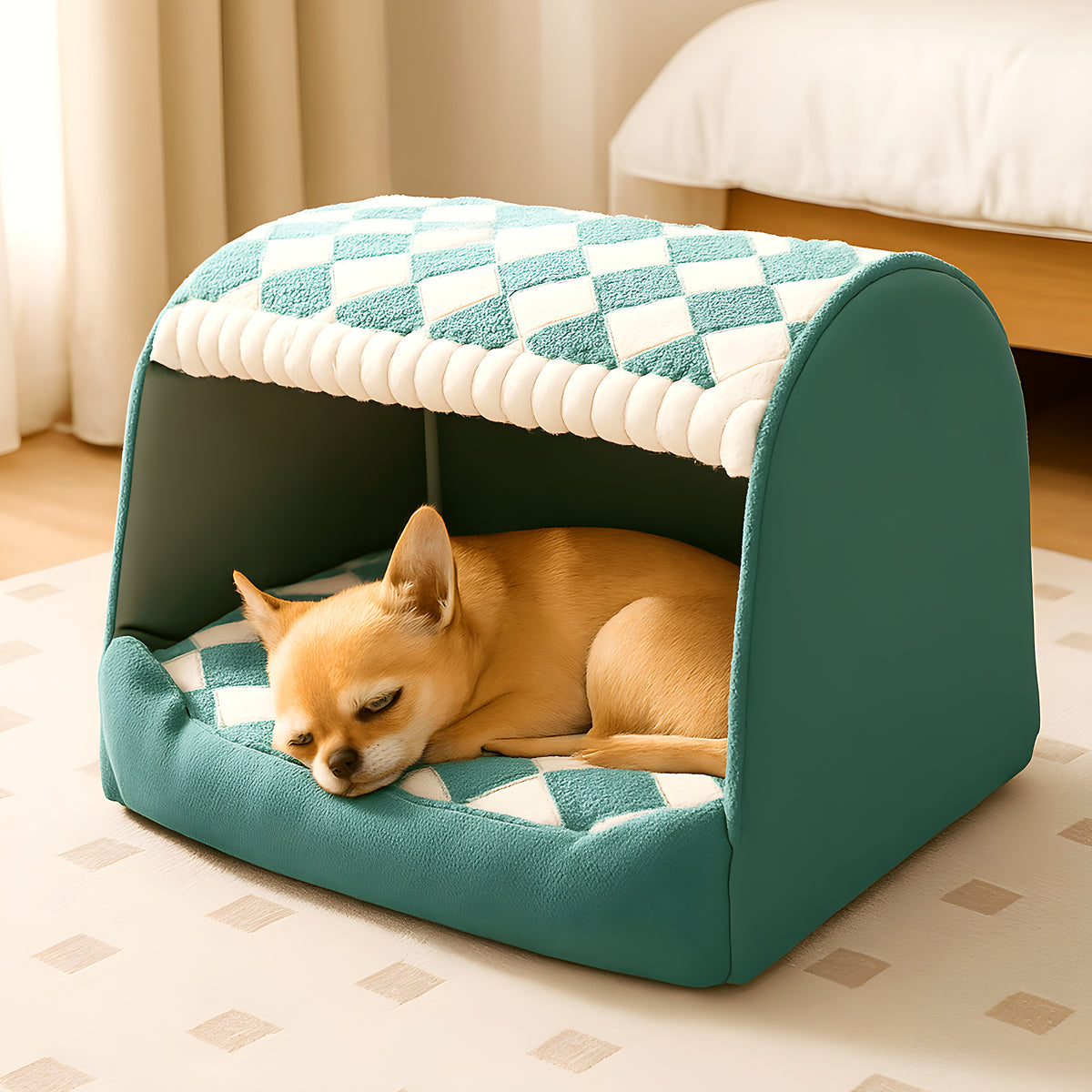 Niche bulle déhoussable pour chien, marron ou turquoise