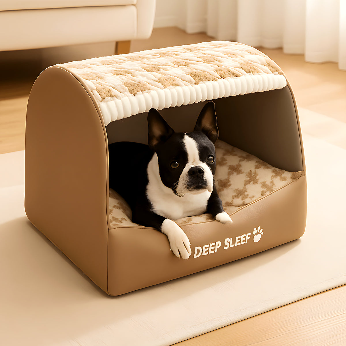 Niche bulle déhoussable pour chien, marron ou turquoise