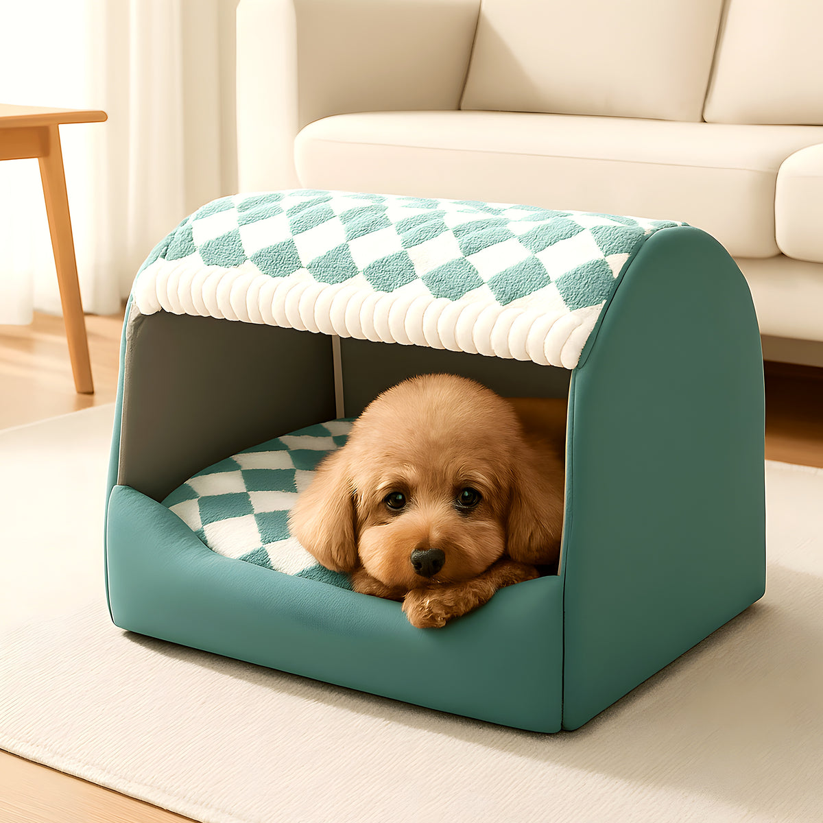 Niche bulle déhoussable pour chien, marron ou turquoise
