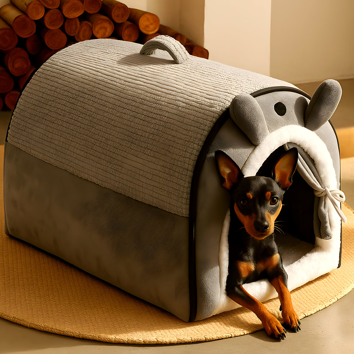 Niche cocon en polaire avec rideaux pour petit chien