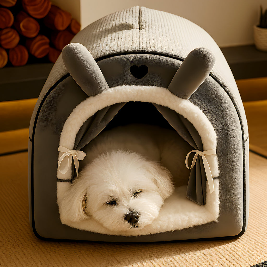Niche cocon en polaire avec rideaux pour petit chien