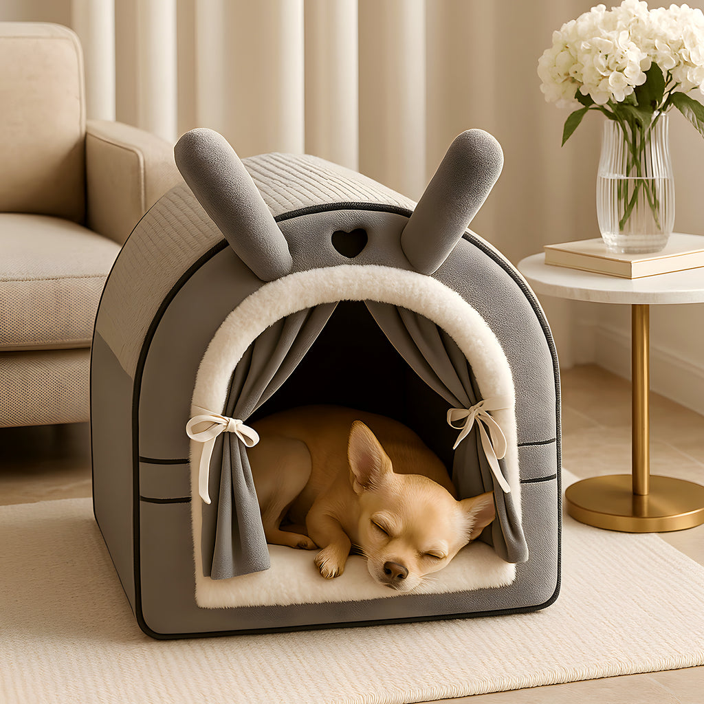Niche cocon en polaire avec rideaux pour petit chien