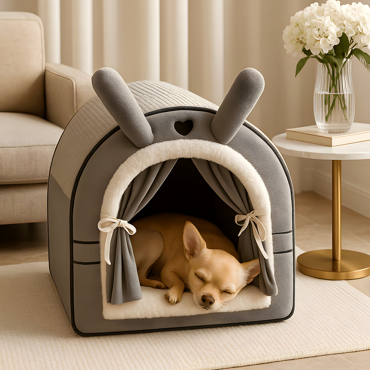 Niche cocon en polaire avec rideaux pour petit chien