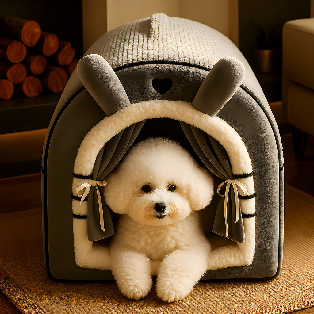 Niche cocon en polaire avec rideaux pour petit chien