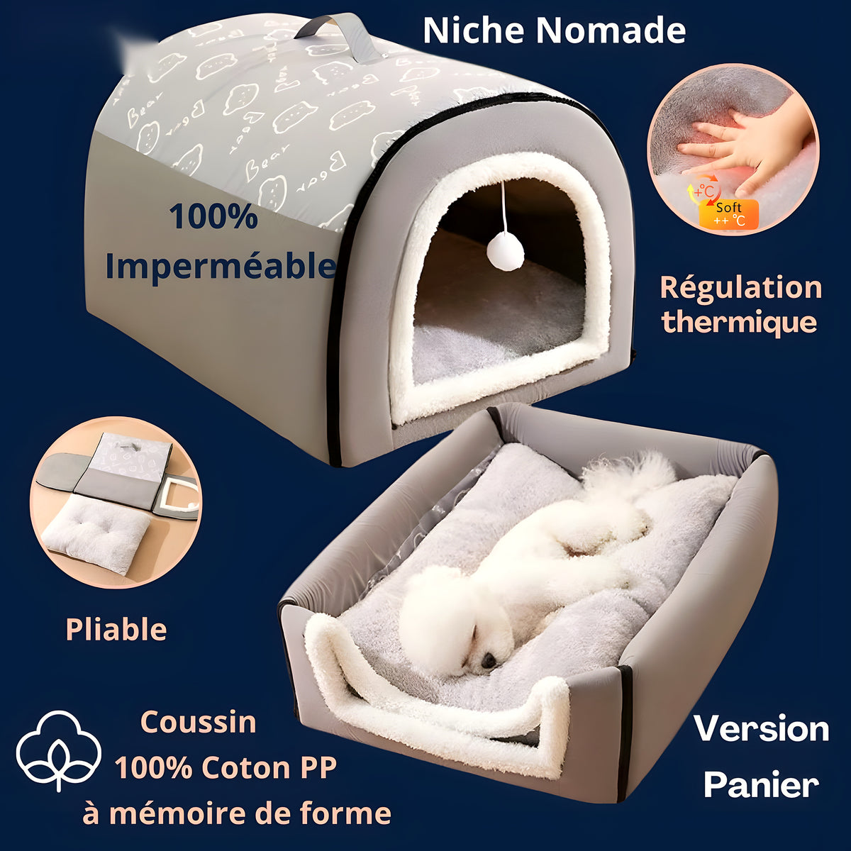 Niche cocon isolante à mémoire de forme pour chien, S à XL