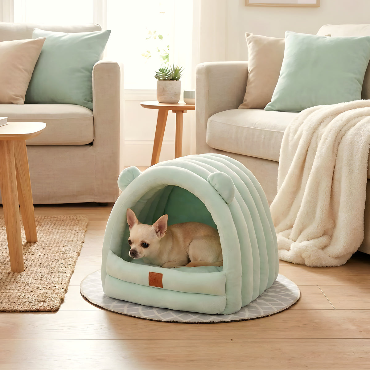 Niche douillette semi-fermée pour chien de race naine