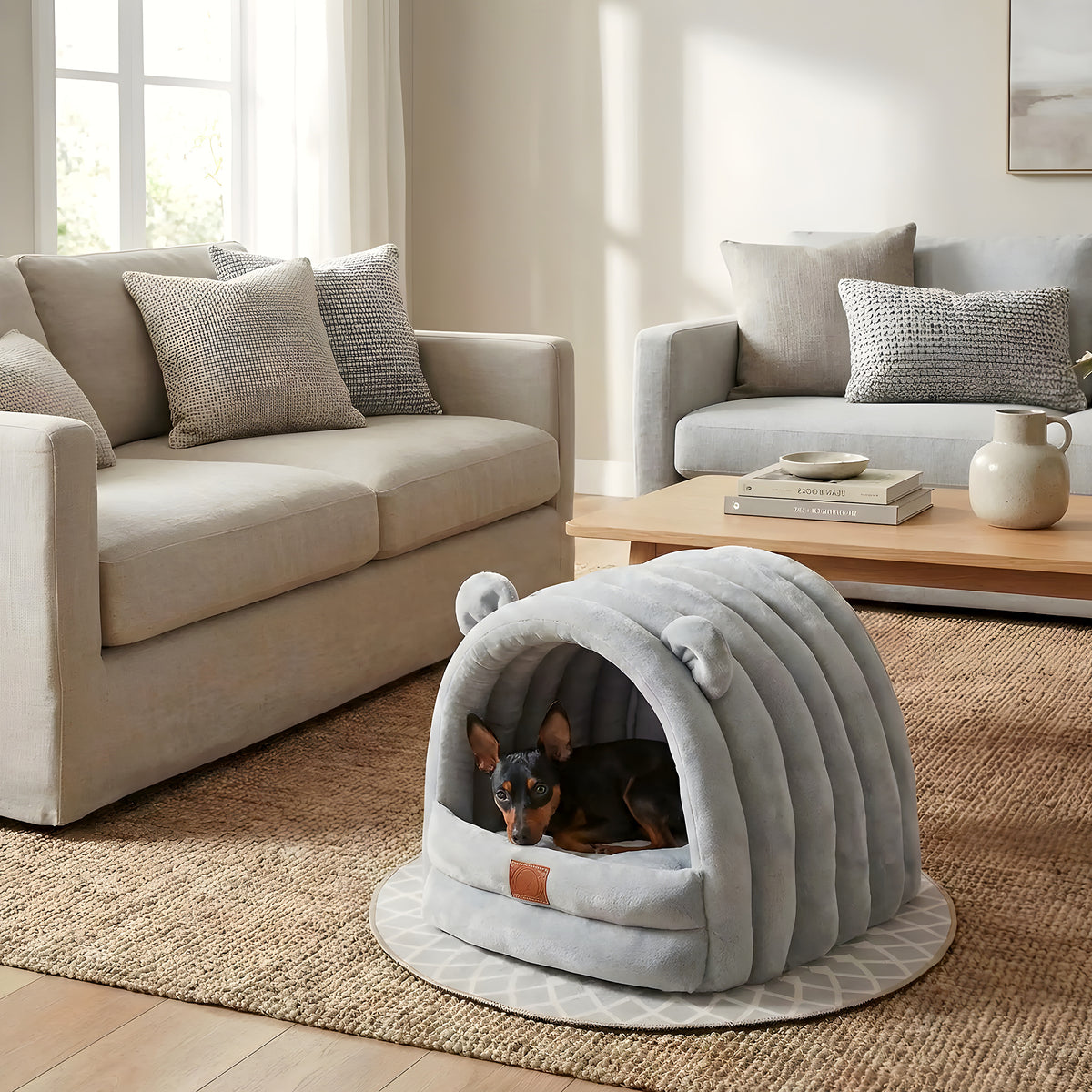 Niche douillette semi-fermée pour chien de race naine