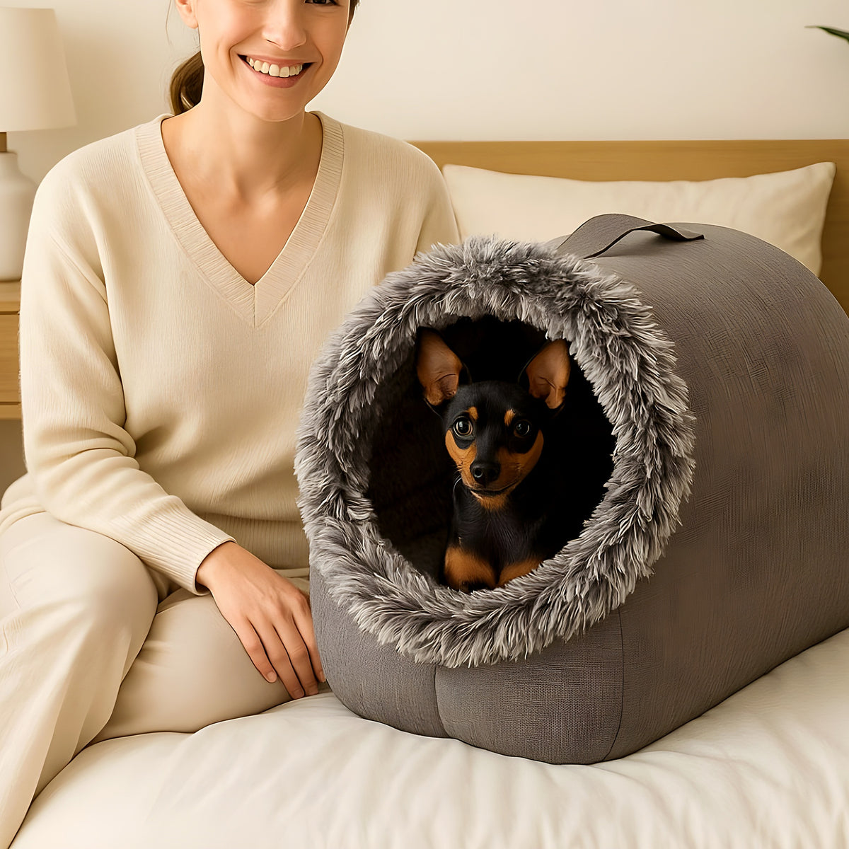 Niche en fausse fourrure avec poignée pour petit chien