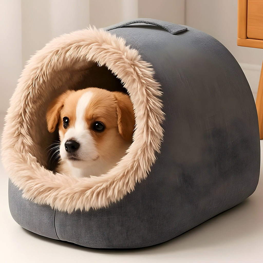 Niche en fausse fourrure avec poignée pour petit chien