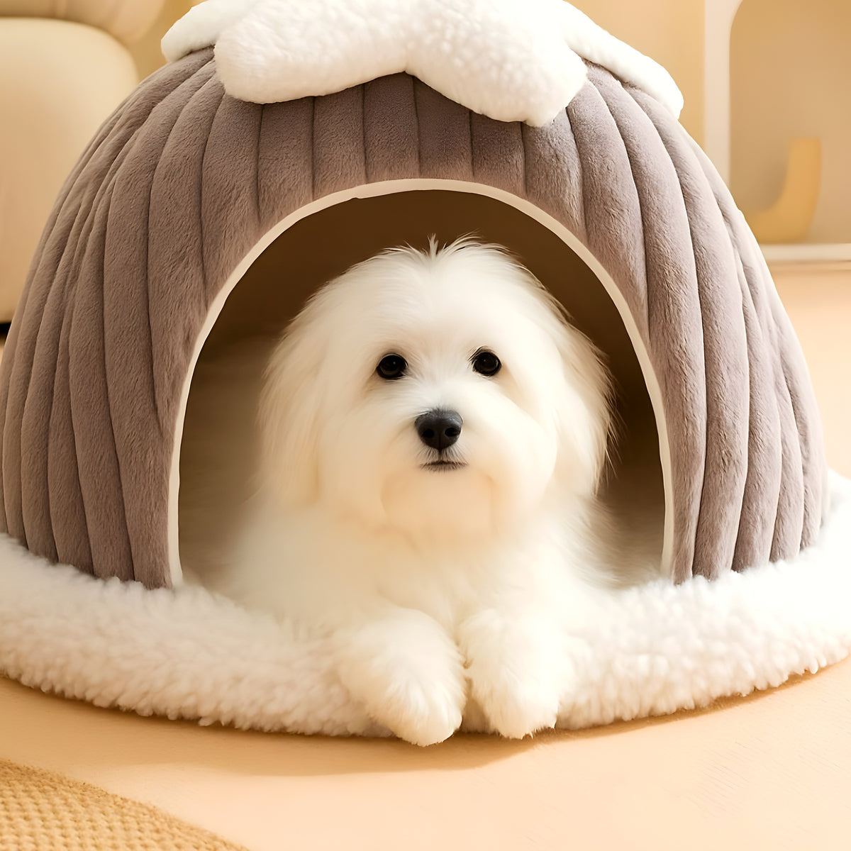 Niche grotte en polaire corail pour mini chien