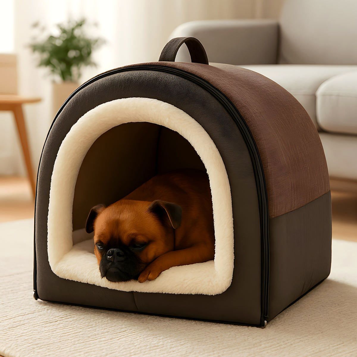 Niche maison pliable en lin et velours pour petit chien