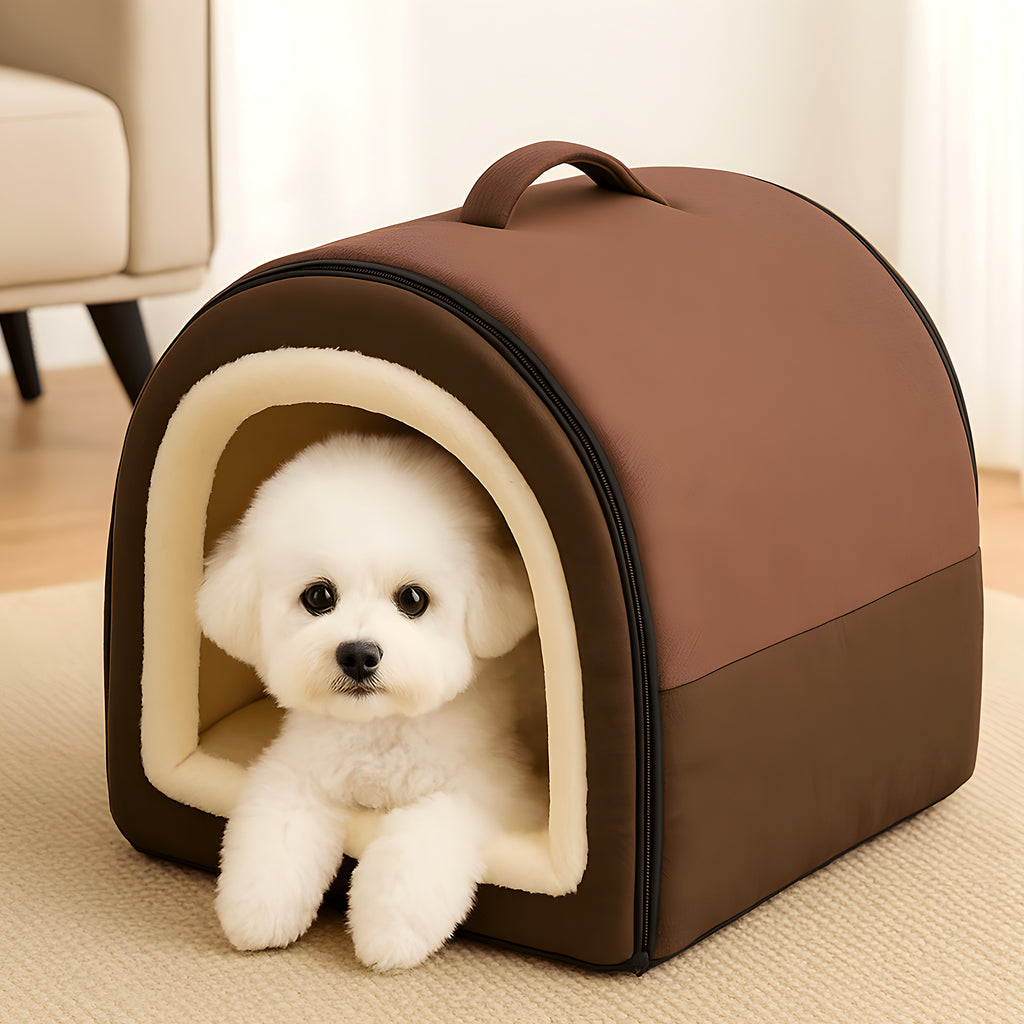 Niche maison pliable en lin et velours pour petit chien