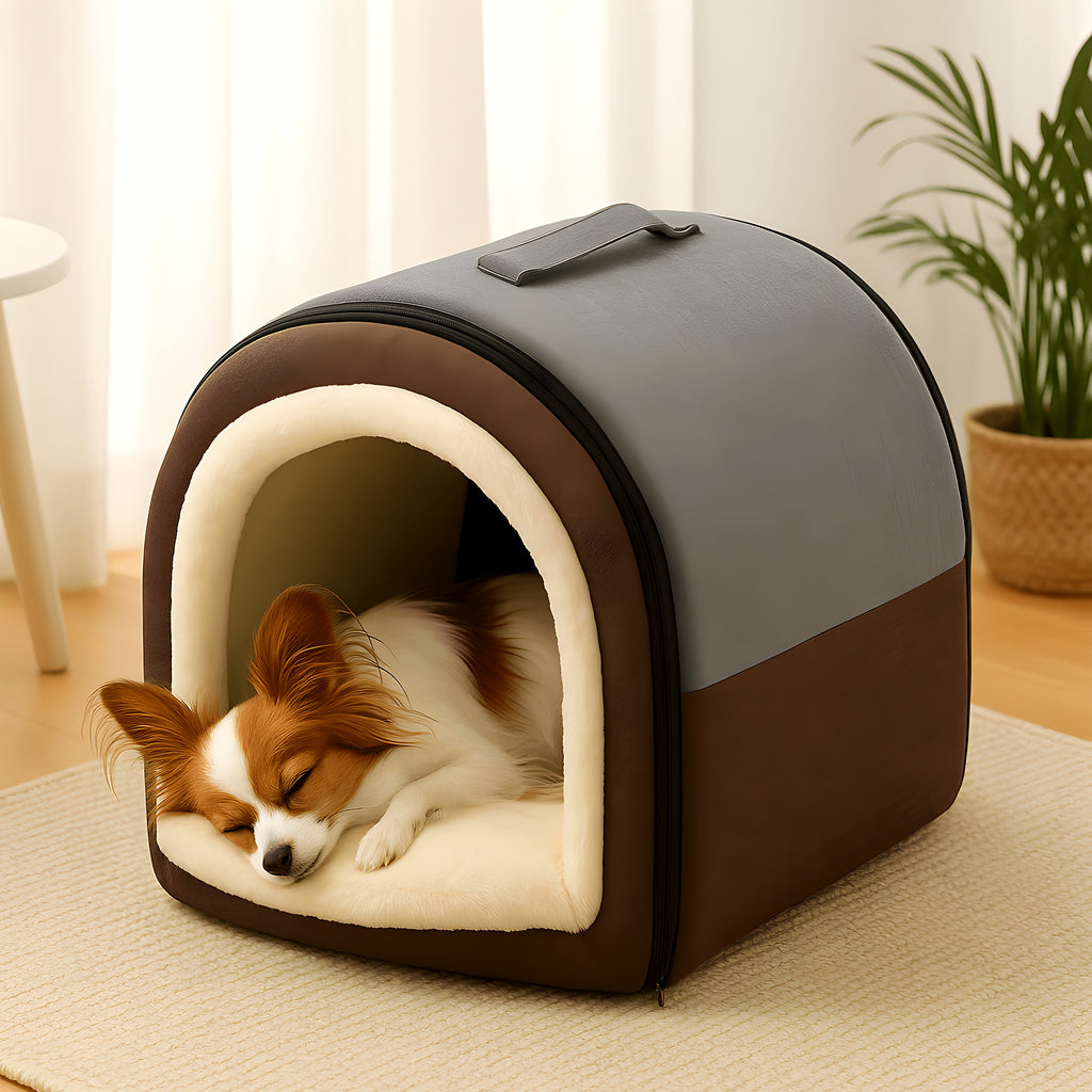 Niche maison pliable en lin et velours pour petit chien