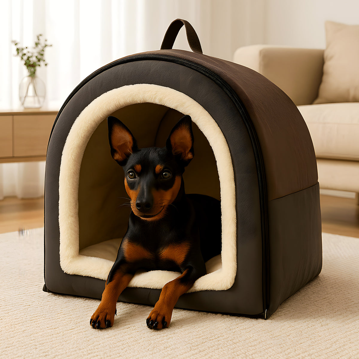 Niche maison pliable en lin et velours pour petit chien