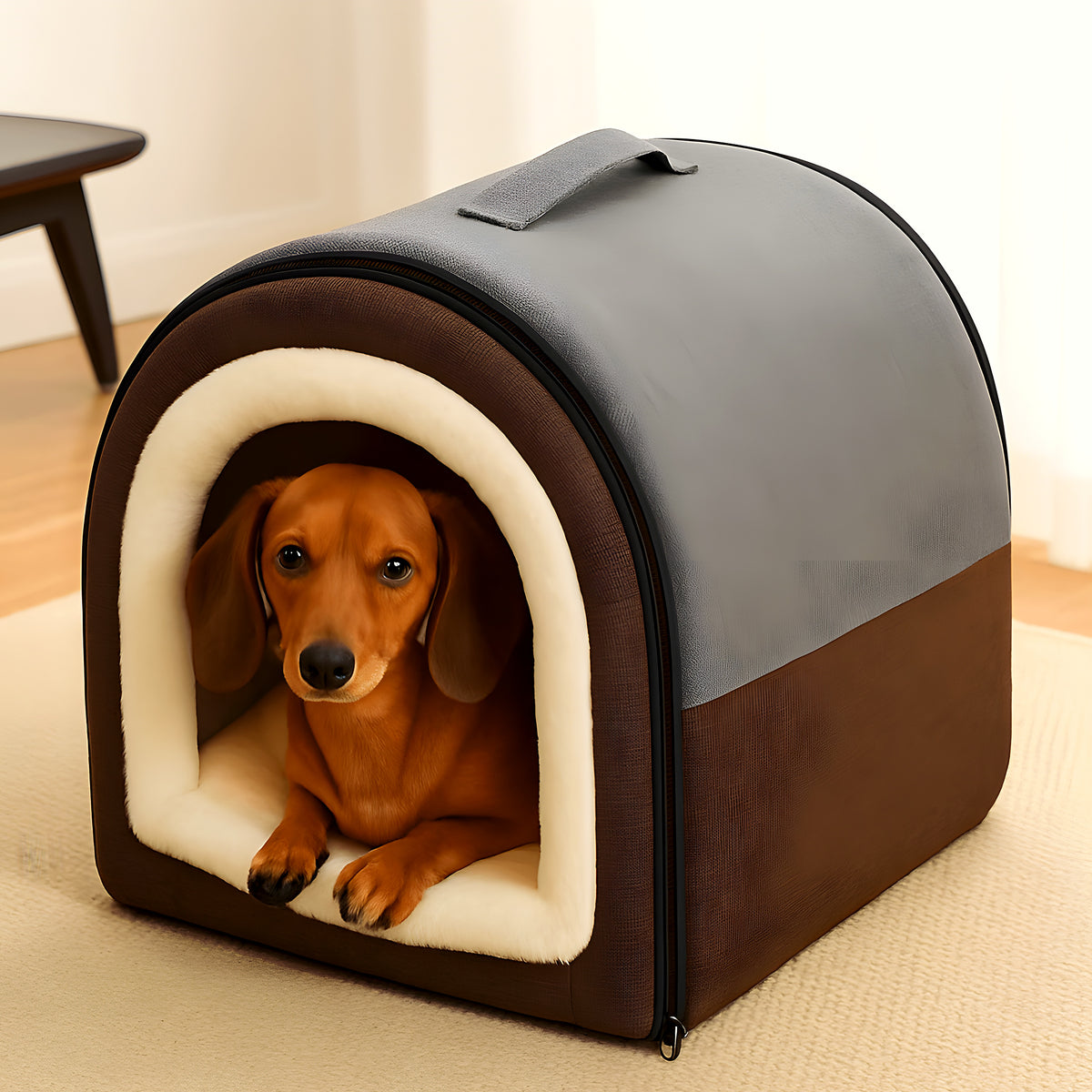 Niche maison pliable en lin et velours pour petit chien
