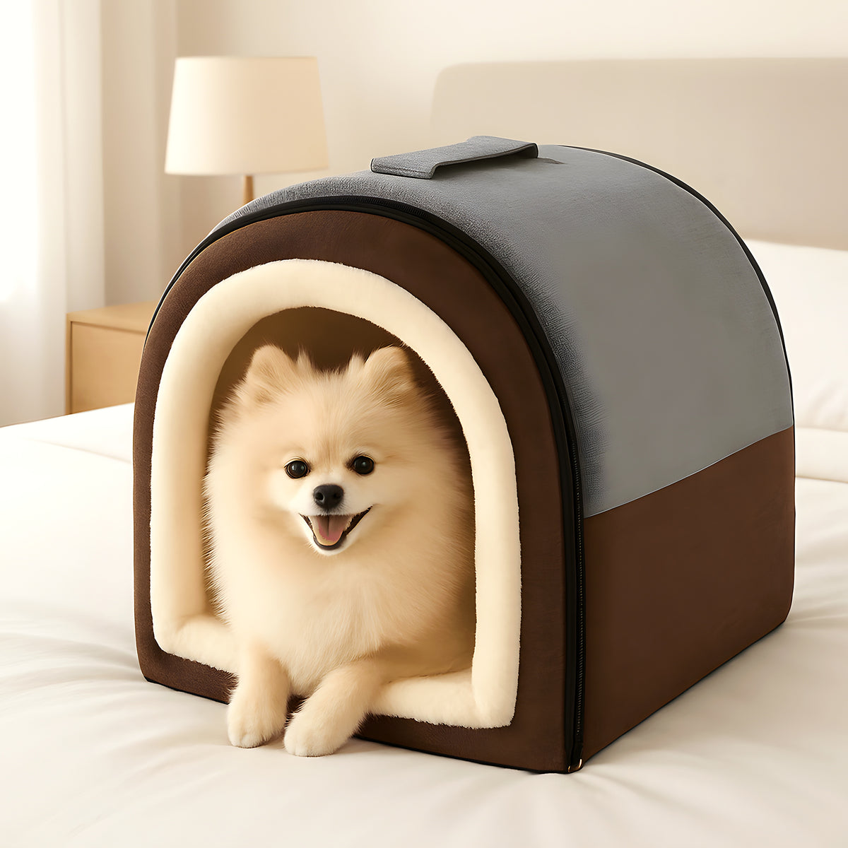 Niche maison pliable en lin et velours pour petit chien