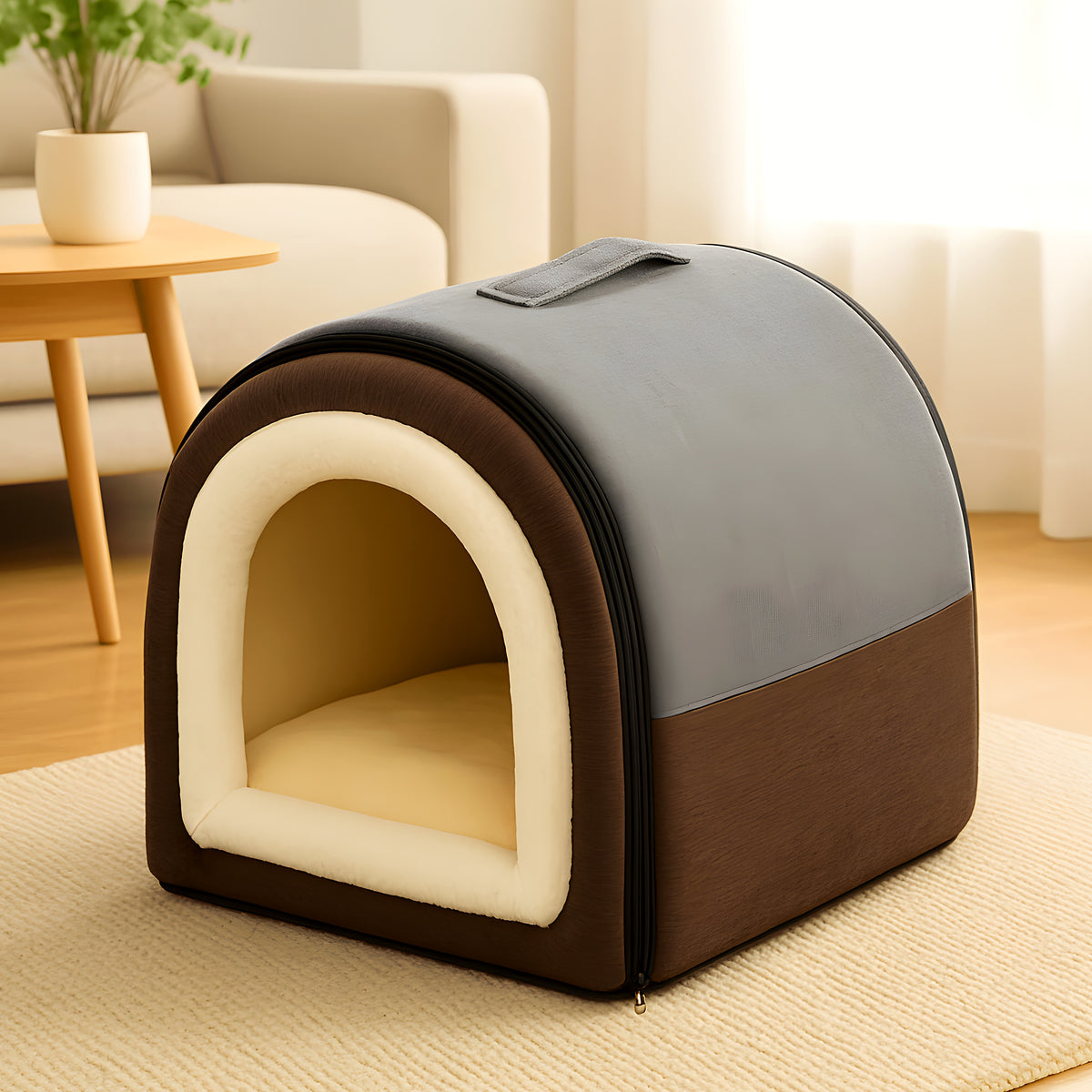 Niche maison pliable en lin et velours pour petit chien