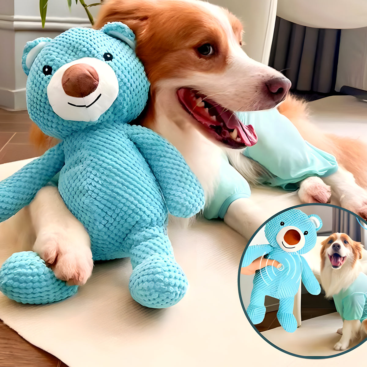 Ours en peluche bleu qui couine pour chien, S ou M