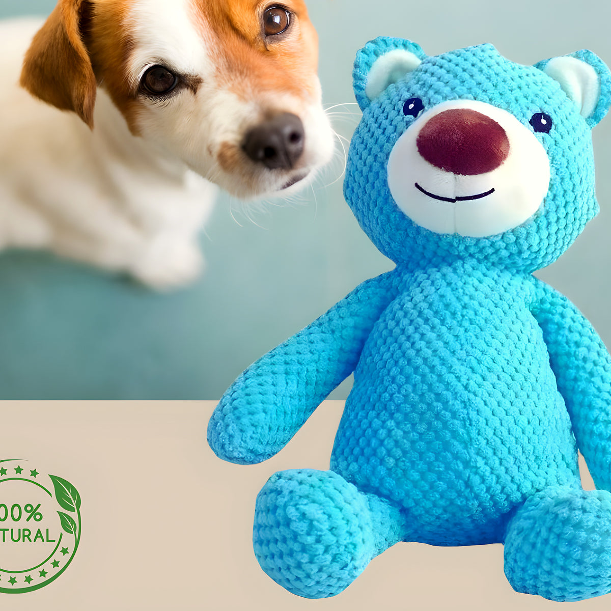 Ours en peluche bleu qui couine pour chien, S ou M