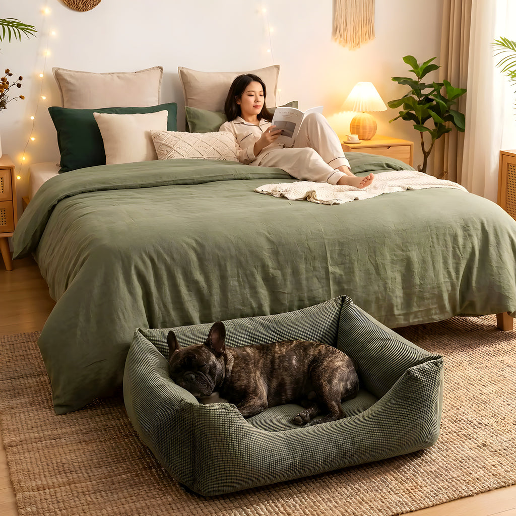 Panier confort déhoussable en velours, gris, marron ou vert