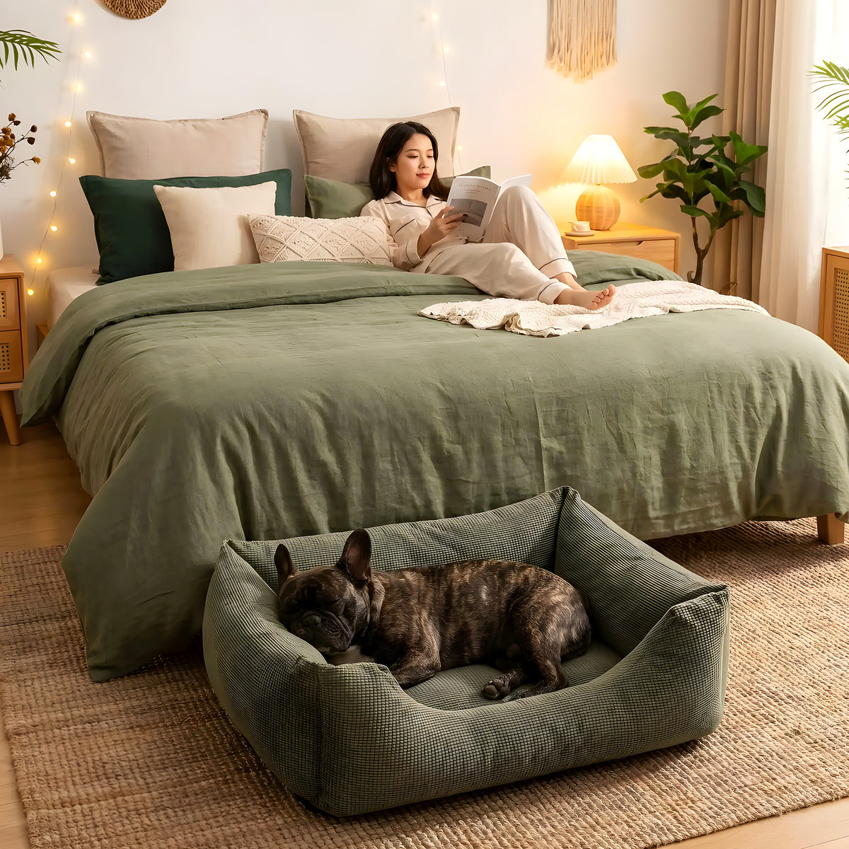 Panier confort déhoussable en velours, gris, marron ou vert