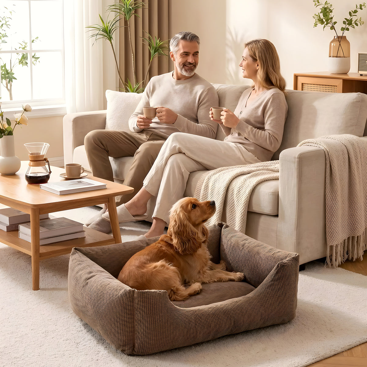 Panier confort déhoussable en velours, gris, marron ou vert