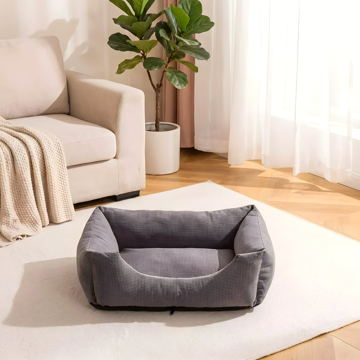 Panier confort déhoussable en velours, gris, marron ou vert