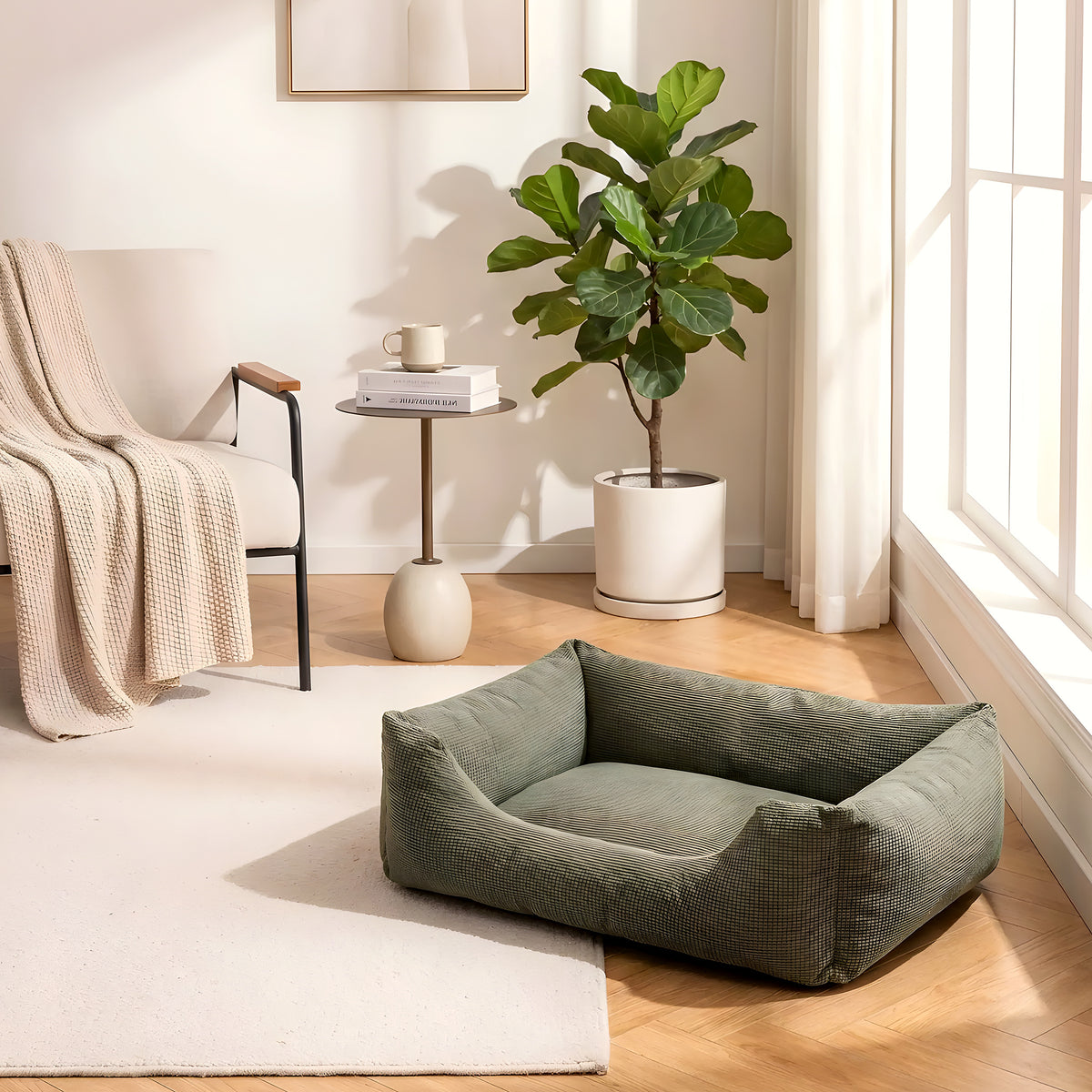 Panier confort déhoussable en velours, gris, marron ou vert