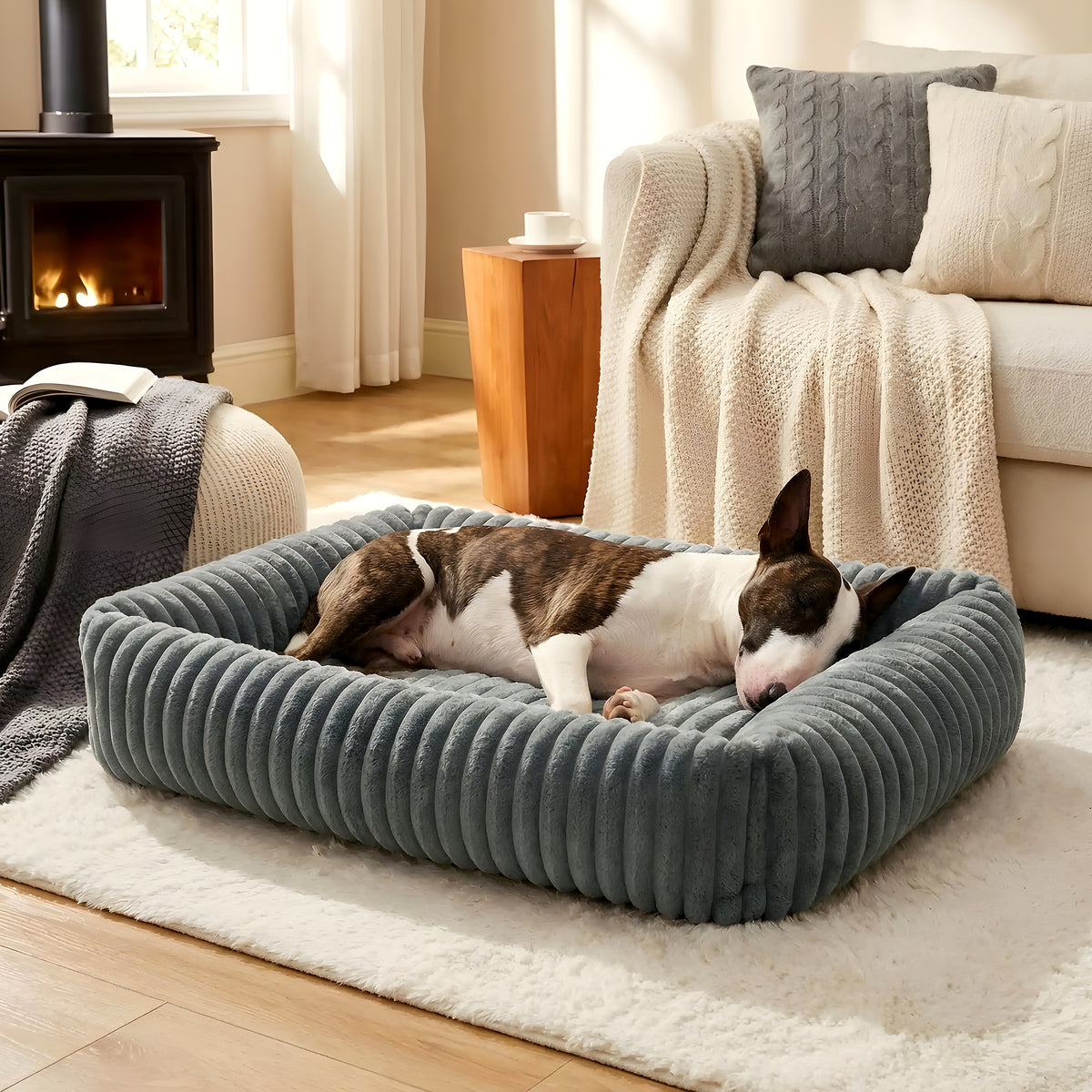 Panier confort rectangulaire en velours côtelé pour chien