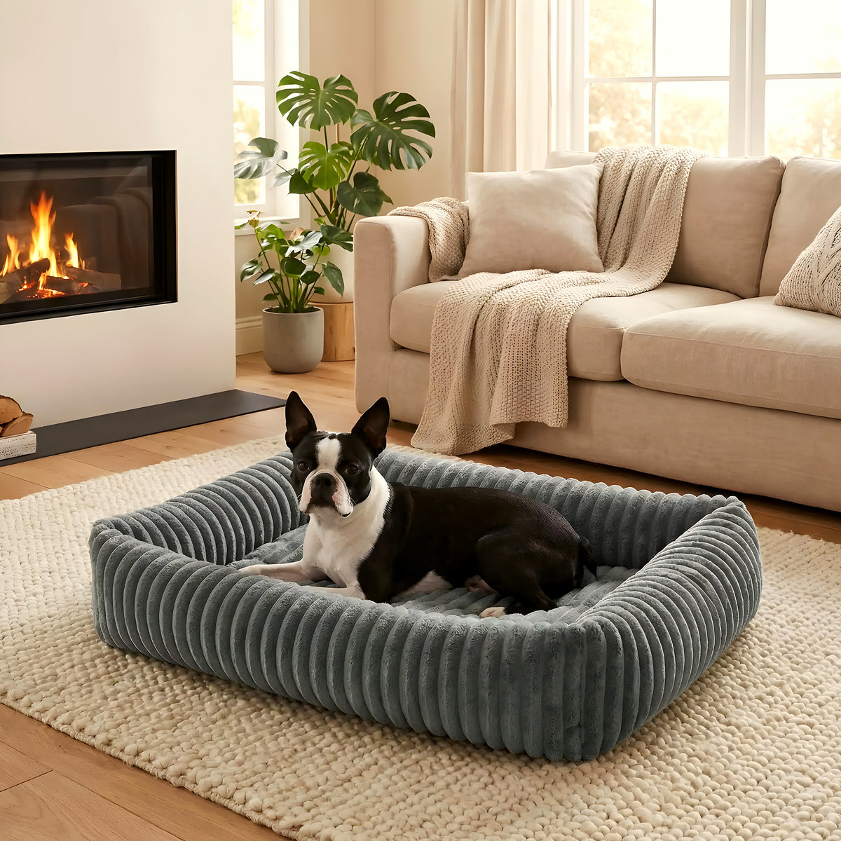Panier confort rectangulaire en velours côtelé pour chien