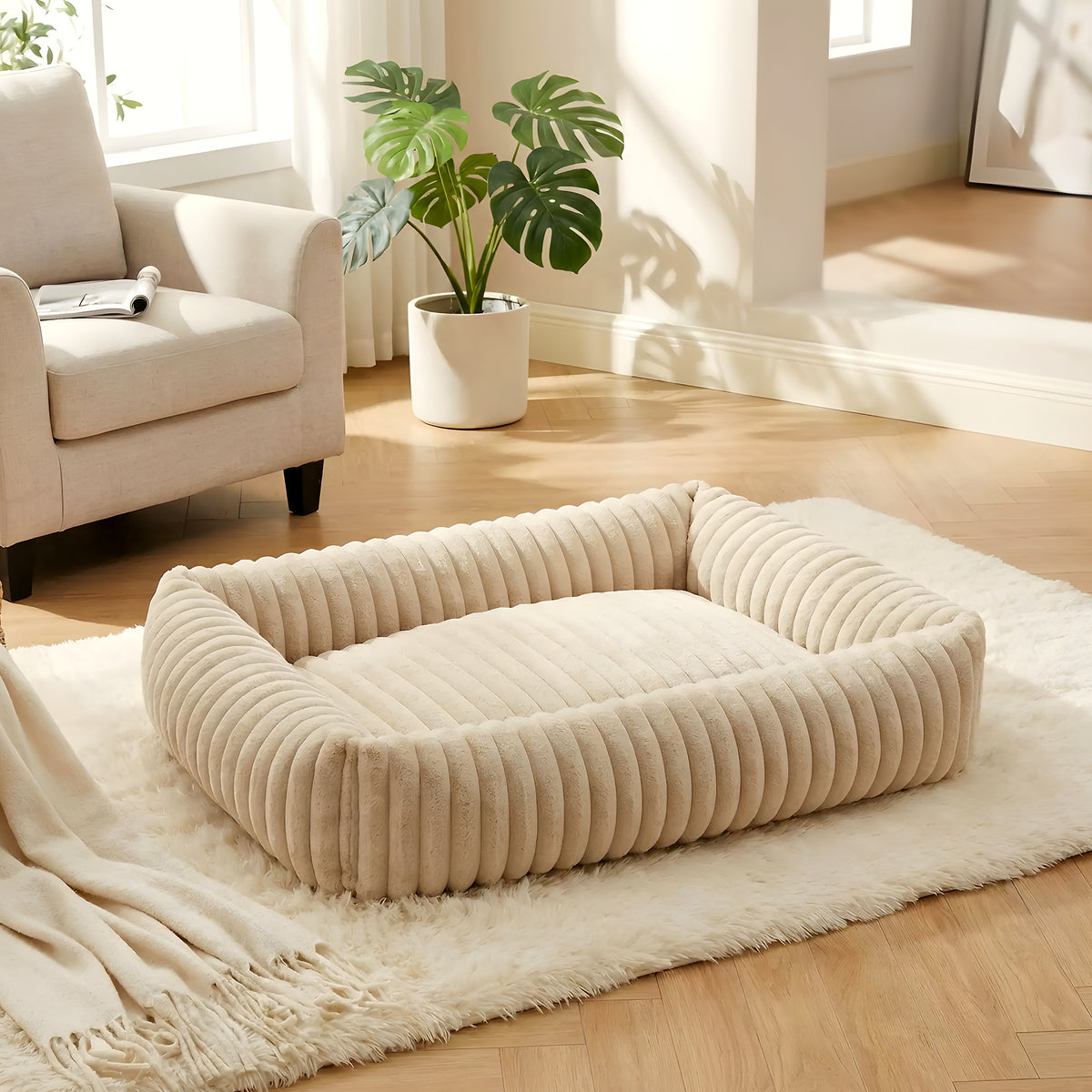 Panier confort rectangulaire en velours côtelé pour chien