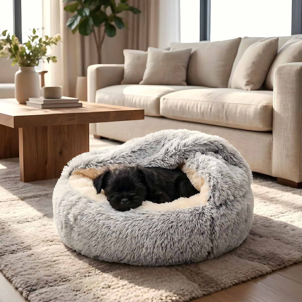 Panier couvert en peluche avec couverture pour petit chien