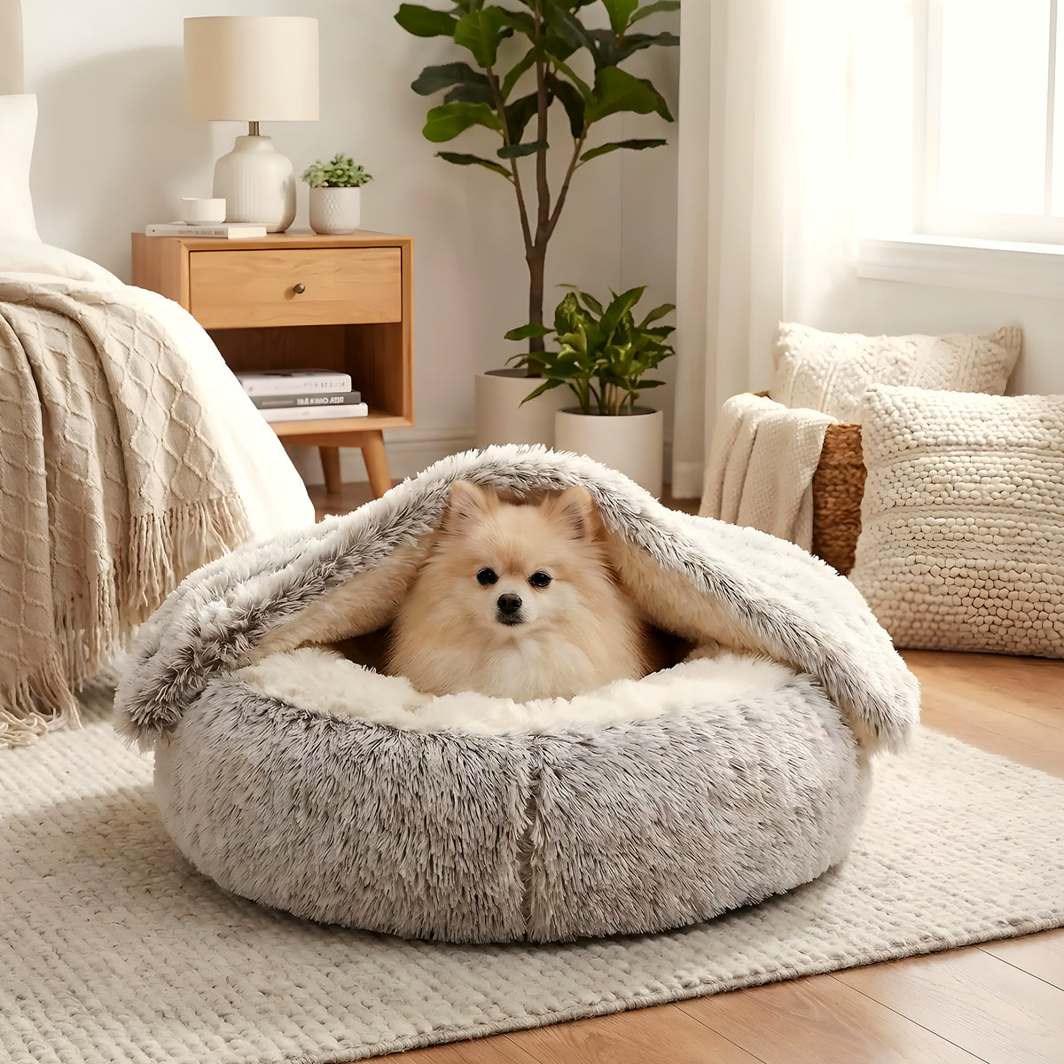 Panier couvert en peluche avec couverture pour petit chien