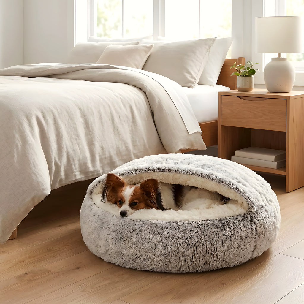Panier couvert en peluche avec couverture pour petit chien
